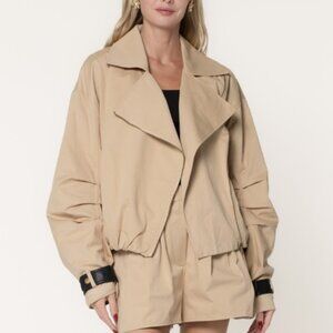 NWT Tan Bomber Style Jacket with Black Leather, Zipper Accents